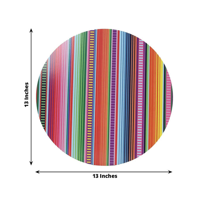 Colorful striped round paper plate, 13 inches diameter.