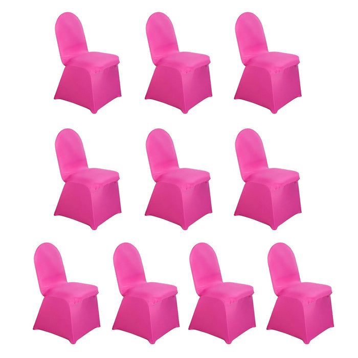 Set of ten pink chair covers on a white background.