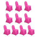 Set of ten pink chair covers on a white background.