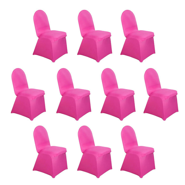 Ten pink chair covers on a plain white background.