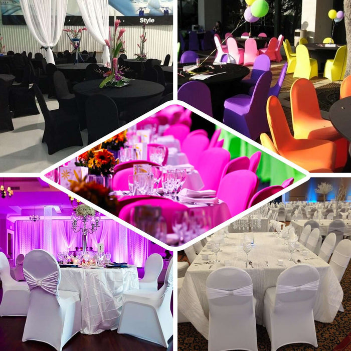Colorful chair covers and table setups for events and weddings.