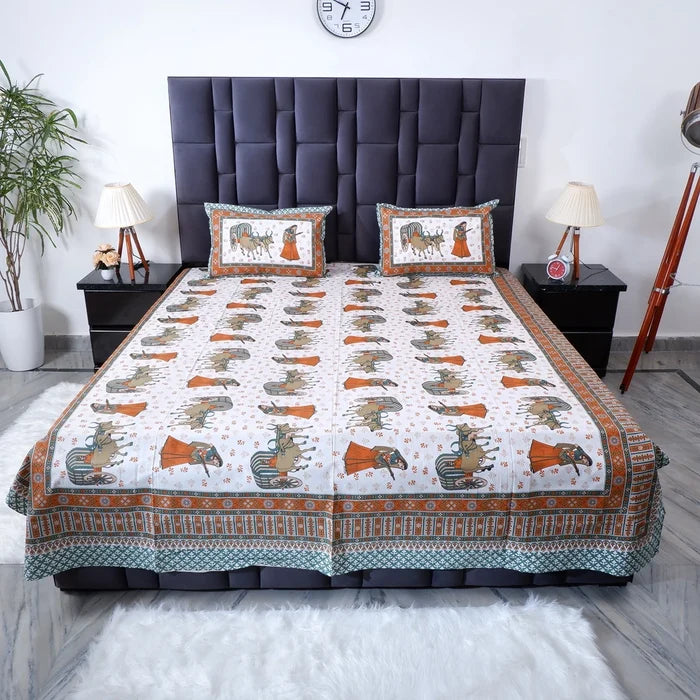 Jaipuri cotton bed sheet featuring a vibrant elephant print with matching pillow covers