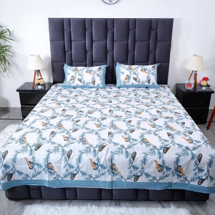Pure cotton bed sheet Jaipur featuring vibrant bird patterns on a light background