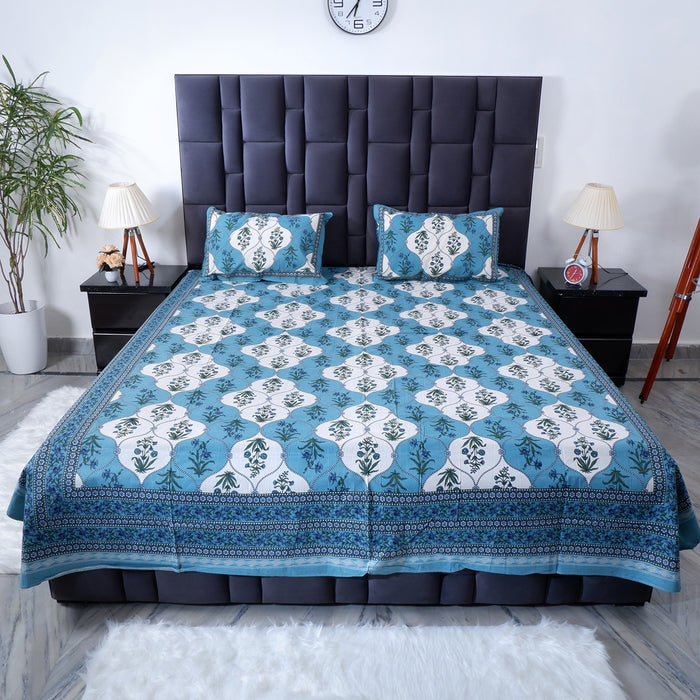 Pure cotton bed sheet Jaipur in blue floral design with matching pillow covers for stylish bedroom decor