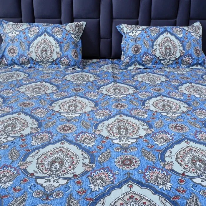 The Jaipuri 100 percent pure cotton bed sheet with intricate blue floral design and matching pillow covers