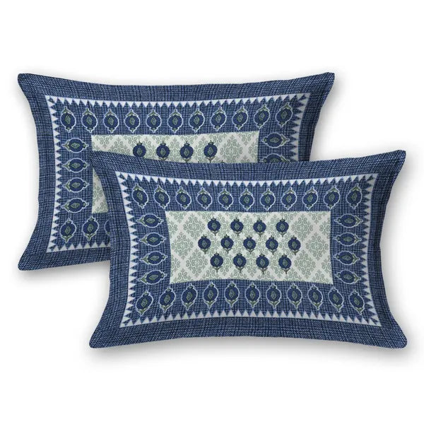Jaipuri cotton bed sheet with intricate blue and green paisley designs for a stylish bedroom look