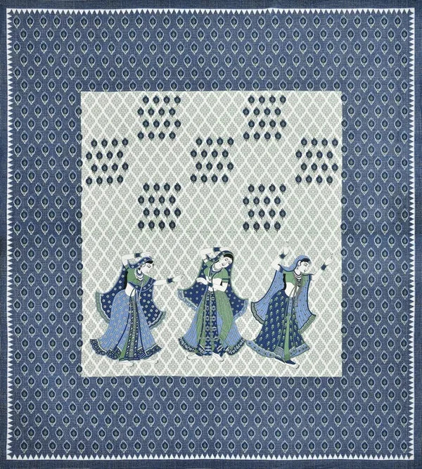 Jaipuri cotton bed sheet featuring traditional Rajasthani dancers with intricate patterns in blue and cream