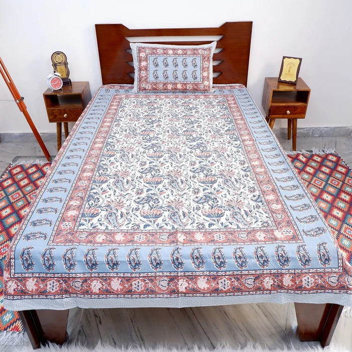 Jaipuri pure cotton bed sheet online with intricate floral patterns and matching pillow cover