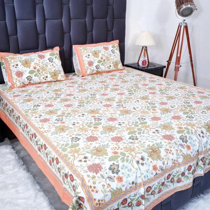 Elegant pure cotton bed sheet from The Jaipuri with floral design and matching pillow covers