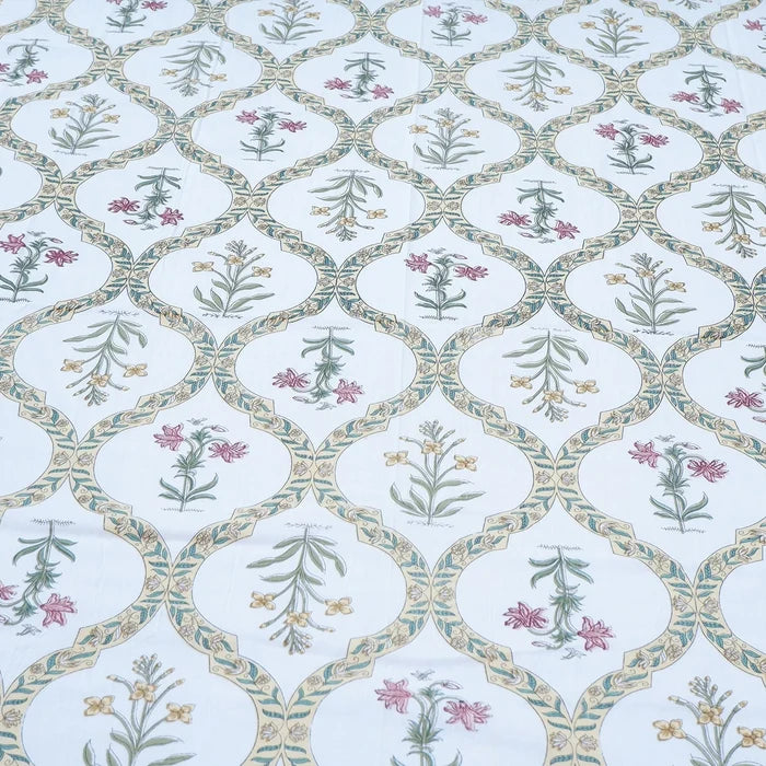 Jaipuri cotton bed sheet featuring intricate floral patterns in soft colors for elegant bedroom decor