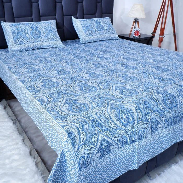 The Jaipuri pure cotton bed sheet in blue paisley design with matching pillow covers for stylish bedding