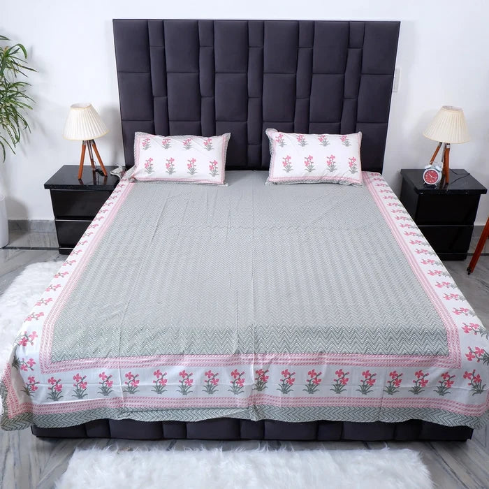 Pure cotton bed sheet Jaipur in gray with floral patterns, includes matching pillow covers