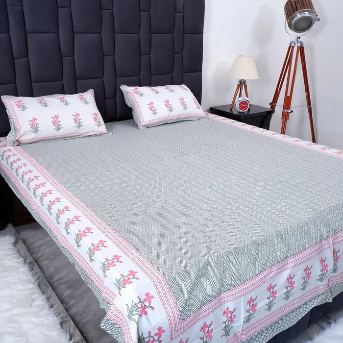 Elegant pure cotton bed sheet Jaipur with floral patterns and matching pillow covers for a stylish bedroom