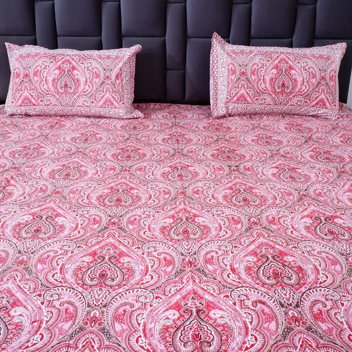 Jaipuri pure cotton bed sheet in pink with intricate paisley design and matching pillow covers
