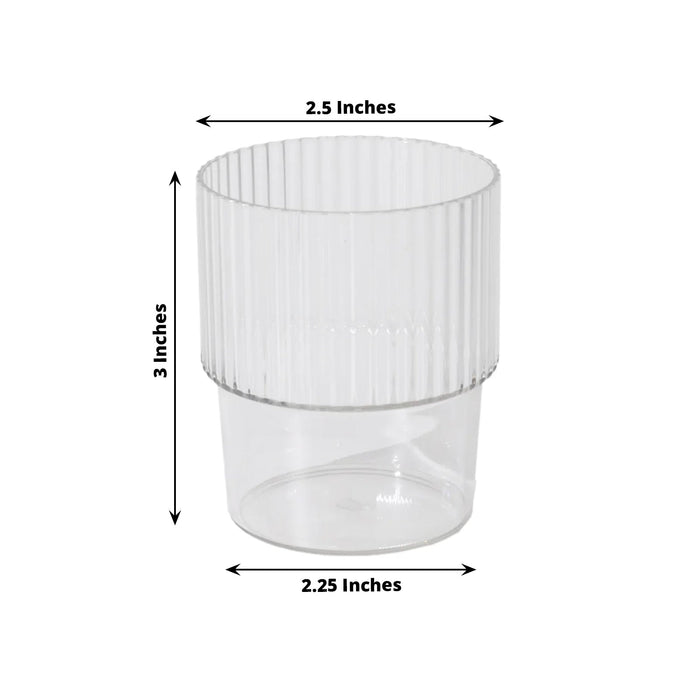 Clear ribbed plastic cup with dimensions 2.5 x 3 x 2.25 inches.