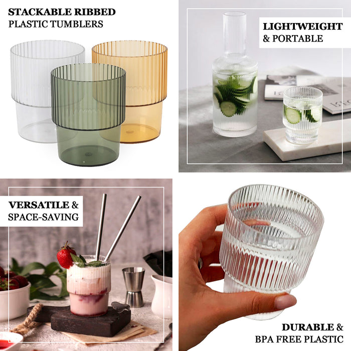 Stackable ribbed tumblers in various colors, ideal for versatile use and space-saving.