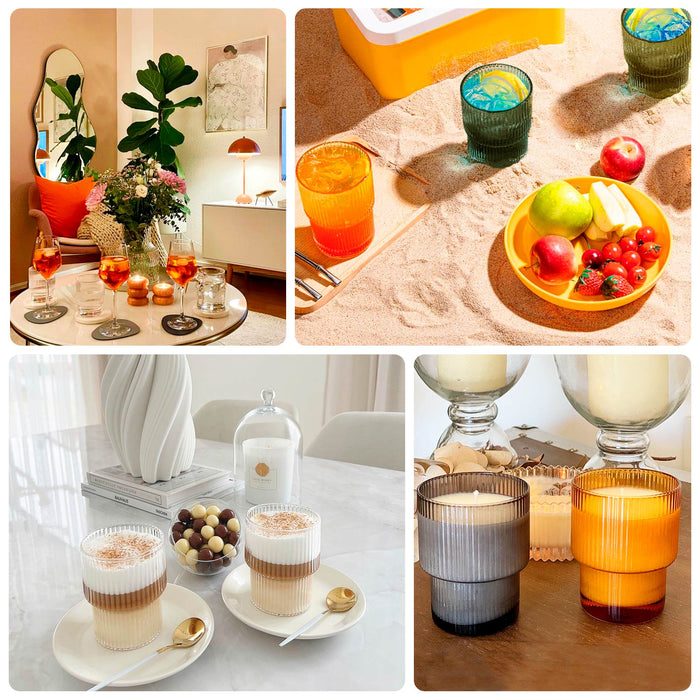 Assorted drinks and snacks displayed in various lifestyle settings.