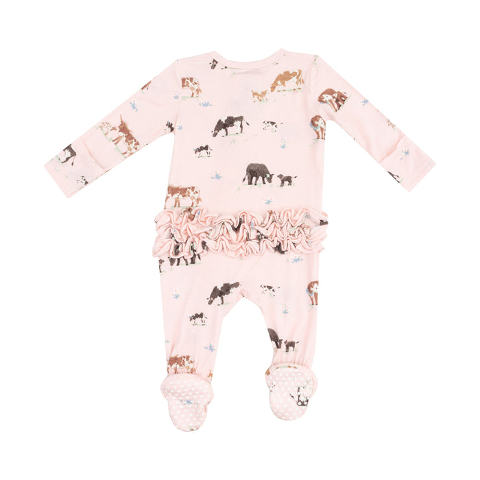 2 Way Zipper Ruffle Back Footie - Cow Families Pink