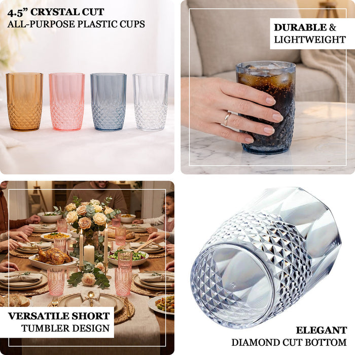 Elegant crystal cut plastic cups in various colors, perfect for any occasion.