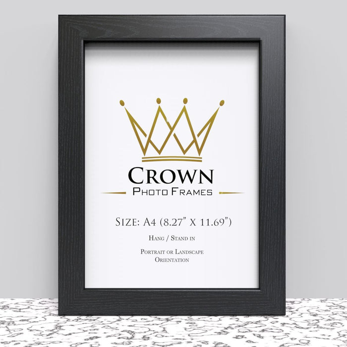 A4 picture frame options in black, showcasing 21 x 29.7 cm size for photos and artwork.