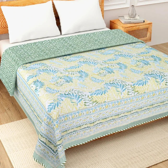 All Season Jaipuri AC Blanket | 100% Cotton | Block Print | Double Bed - Blue & Green Patta (90X108 inches)