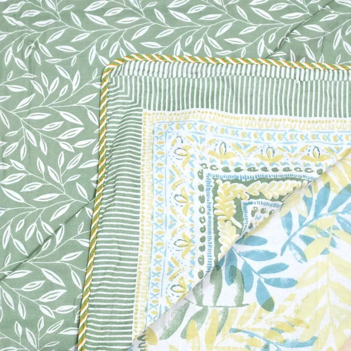 All Season Jaipuri AC Blanket | 100% Cotton | Block Print | Double Bed - Blue & Green Patta (90X108 inches)