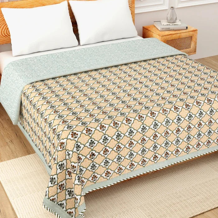 All Season Jaipuri AC Blanket | 100% Cotton | Block Print | Double Bed - Mughal Floral Jaal (90X108 inches)