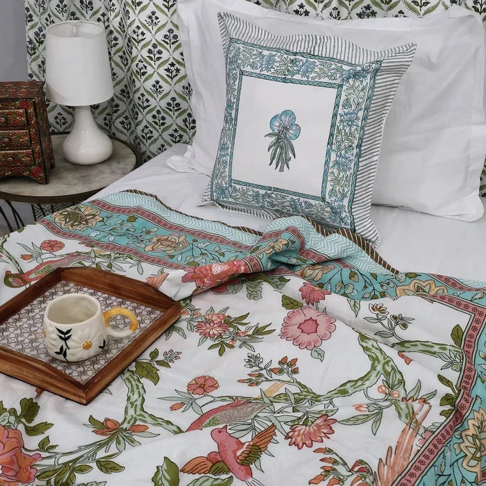 All Season Jaipuri Blanket | 100% Cotton | Block Print | Single Bed – Birds & Floral Motifs (63X90 Inches)