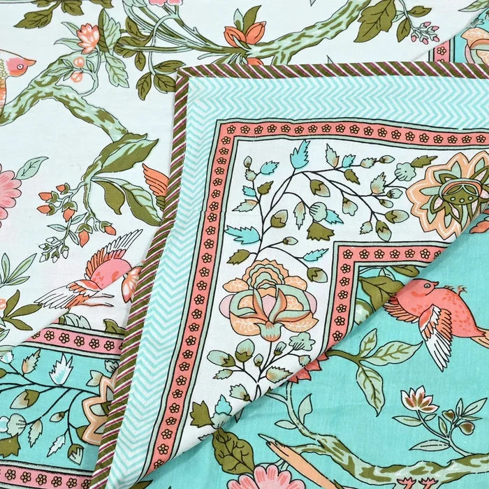 All Season Jaipuri Blanket | 100% Cotton | Block Print | Single Bed – Birds & Floral Motifs (63X90 Inches)