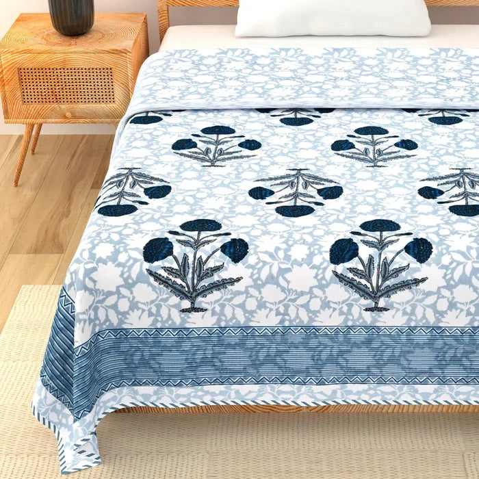 All Season Jaipuri Blanket | 100% Cotton | Block Print | Single Bed  – Blue Floral Buta (63X90 Inches)