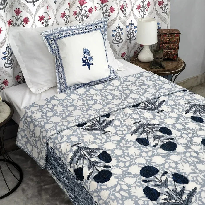 All Season Jaipuri Blanket | 100% Cotton | Block Print | Single Bed  – Blue Floral Buta (63X90 Inches)