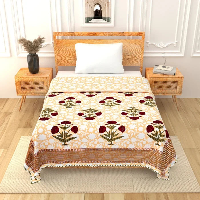 All Season Jaipuri Blanket | 100% Cotton | Block Print | Single Bed – Mughal Floral Buta (63X90 Inches)