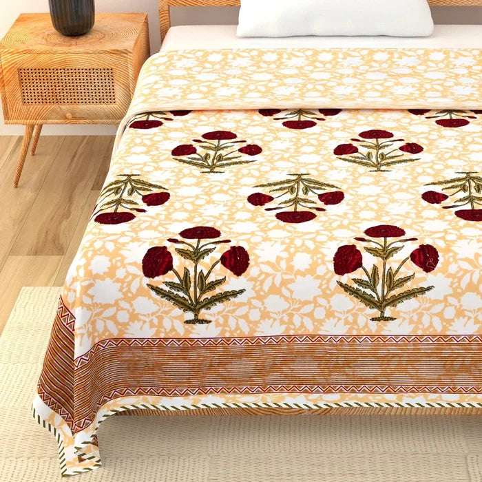 All Season Jaipuri Blanket | 100% Cotton | Block Print | Single Bed – Mughal Floral Buta (63X90 Inches)