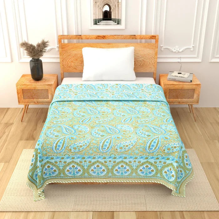 All Season Jaipuri Blanket | 100% Cotton | Block Print | Single Bed  –  Mughal Jaal Yellow (63X90 Inches)