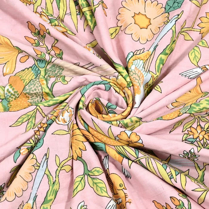 All Season Jaipuri Blanket | 100% Cotton | Block Print | Single Bed  – Yellow Birds Floral (63X90 Inches)