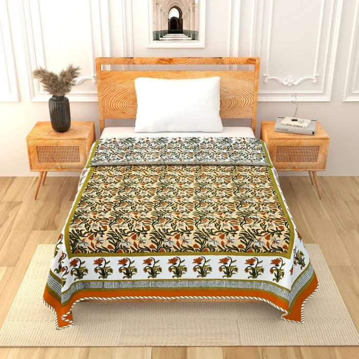 All Season Jaipuri Blanket | 100% Cotton | Block Print | Single Bed – Yellow Floral Buta (63X90 Inches)