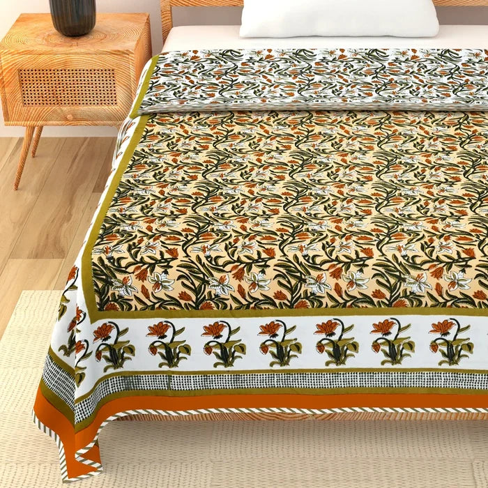 All Season Jaipuri Blanket | 100% Cotton | Block Print | Single Bed – Yellow Floral Buta (63X90 Inches)