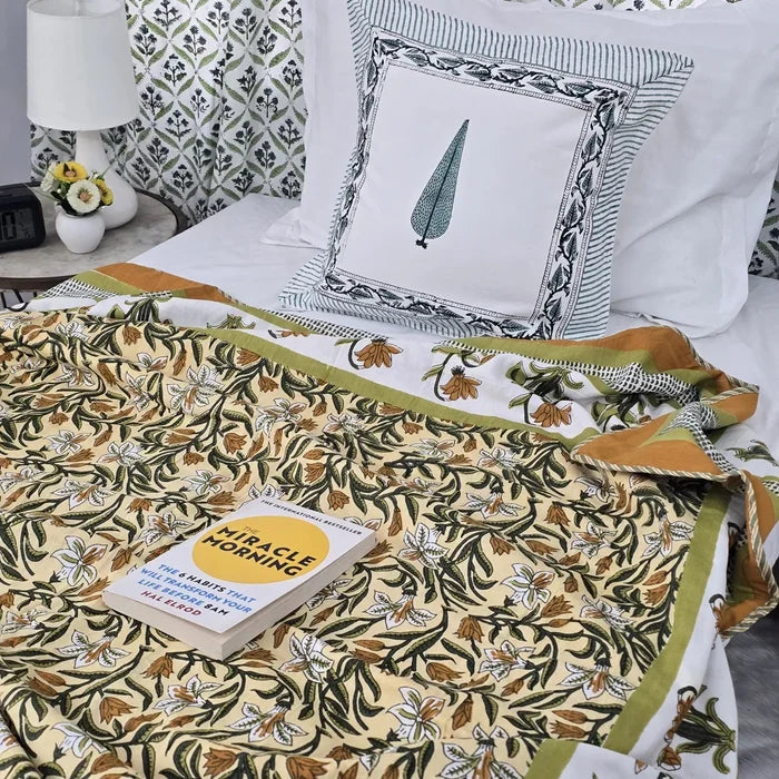 All Season Jaipuri Blanket | 100% Cotton | Block Print | Single Bed – Yellow Floral Buta (63X90 Inches)