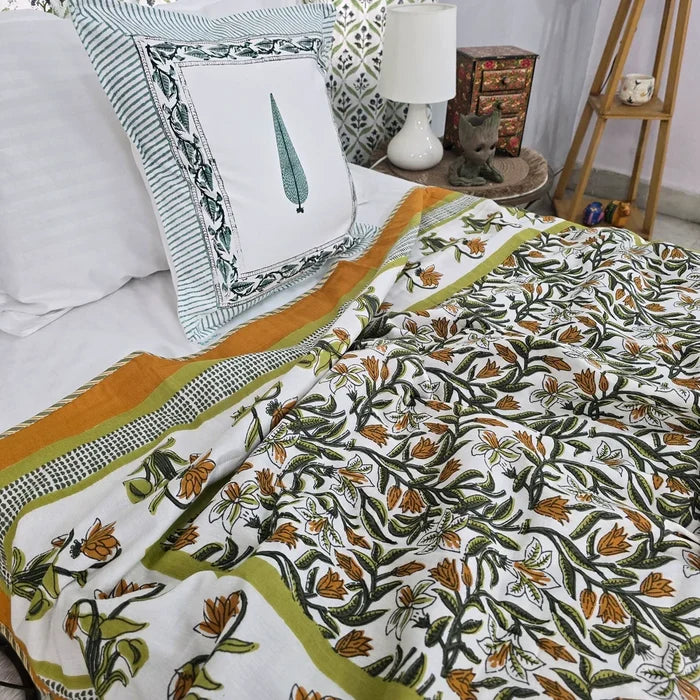 All Season Jaipuri Blanket | 100% Cotton | Block Print | Single Bed – Yellow Floral Buta (63X90 Inches)