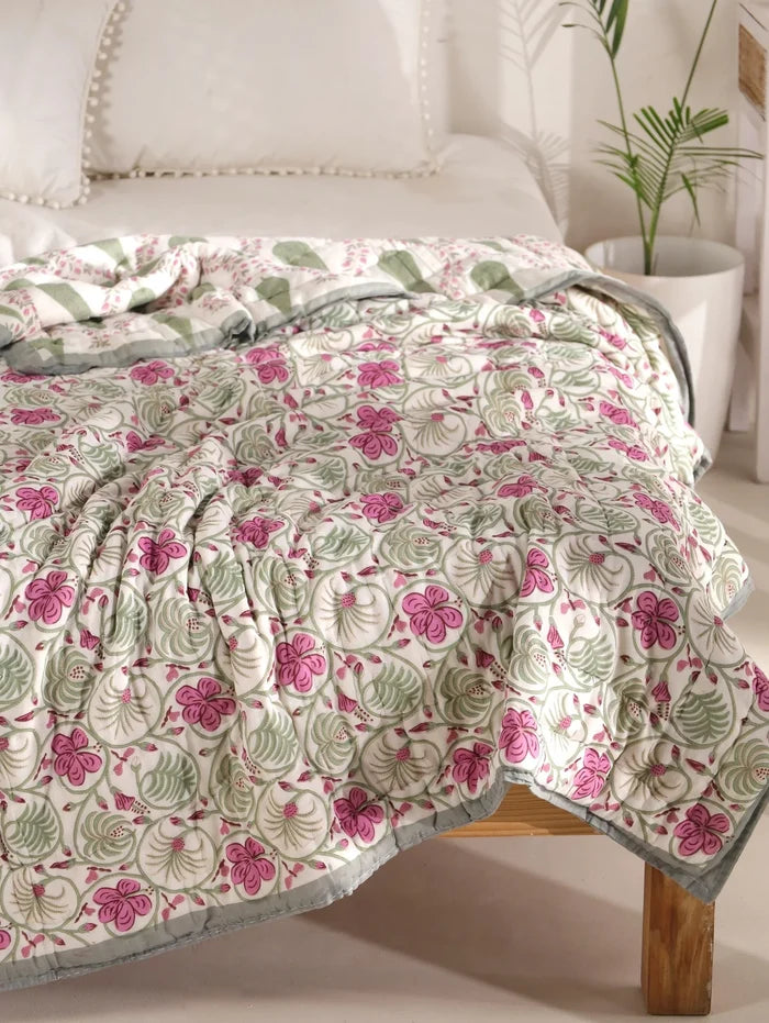 All Season Jaipuri Quilt | 100% Pure Cotton | Block Print | Single Bed - Aaru