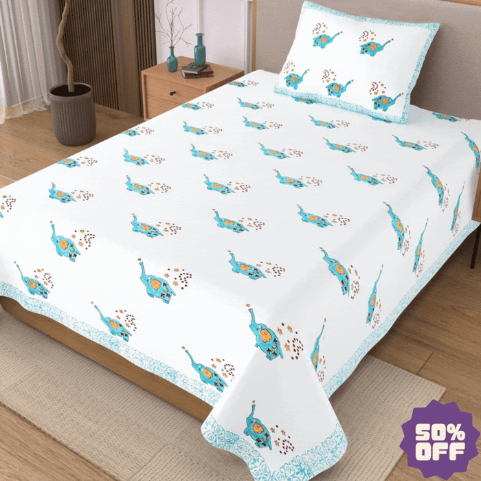 Blue Elephant Block Printed Kids Cotton Bedsheet - Single Bed Size (60X90 Inches)