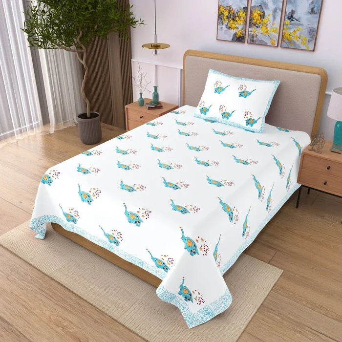 Blue Elephant Block Printed Kids Cotton Bedsheet - Single Bed Size (60X90 Inches)