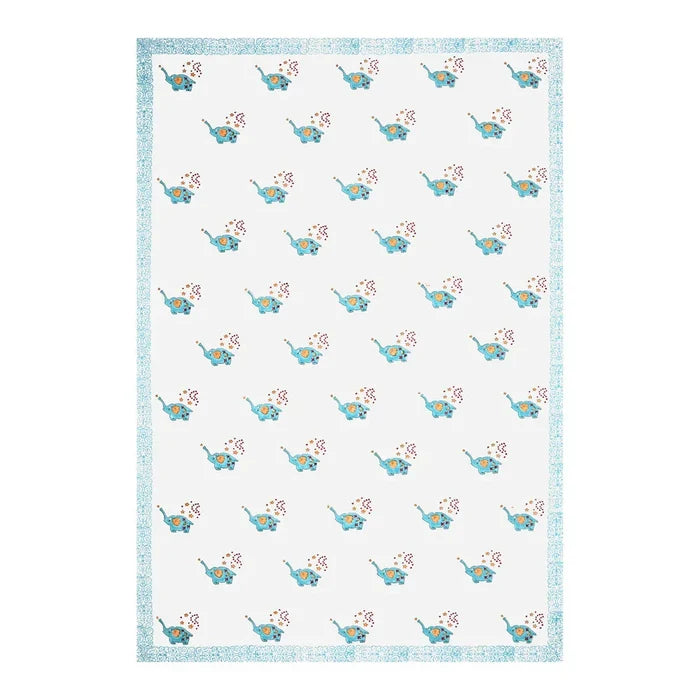 Blue Elephant Block Printed Kids Cotton Bedsheet - Single Bed Size (60X90 Inches)