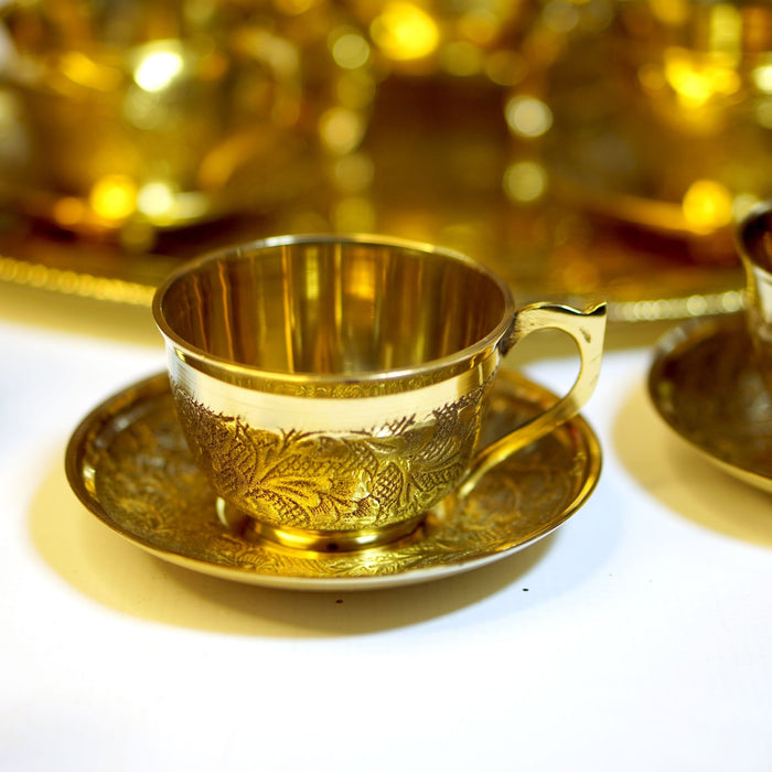 14 Pieces Brass Etched Tea Kettle Set - Brass Globe -
