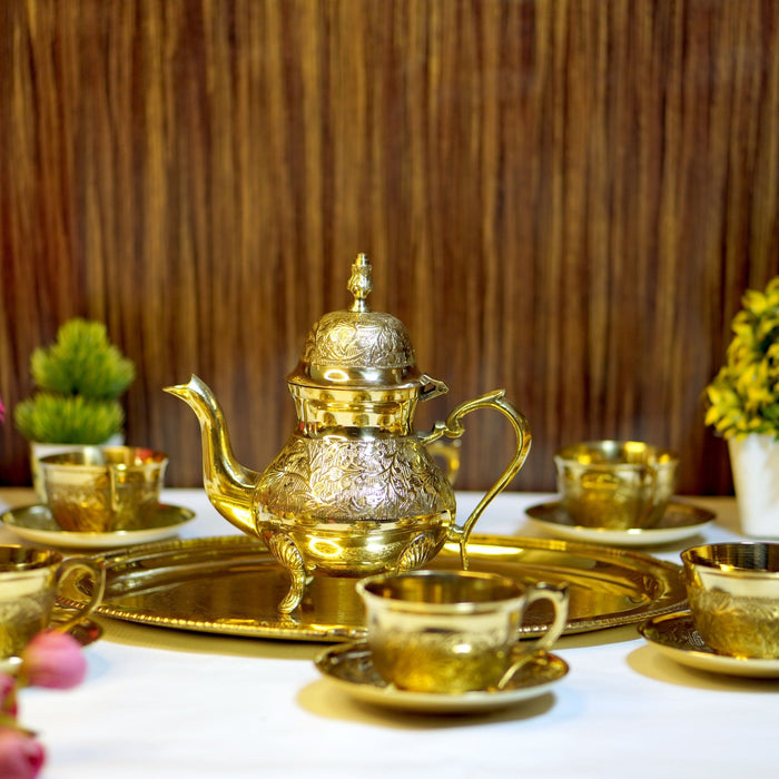14 Pieces Brass Etched Tea Kettle Set - Brass Globe -