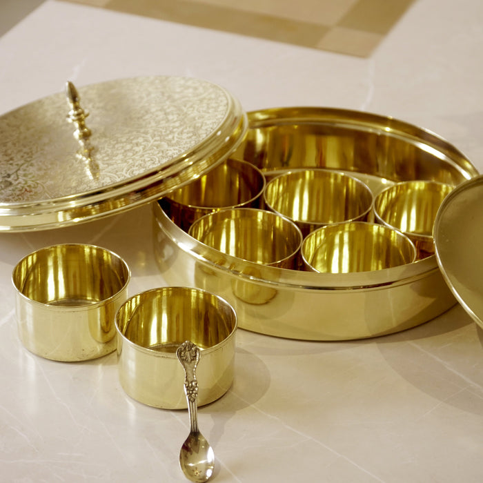 Brass Etched Spice / Masala Box 9inch - Brass Globe