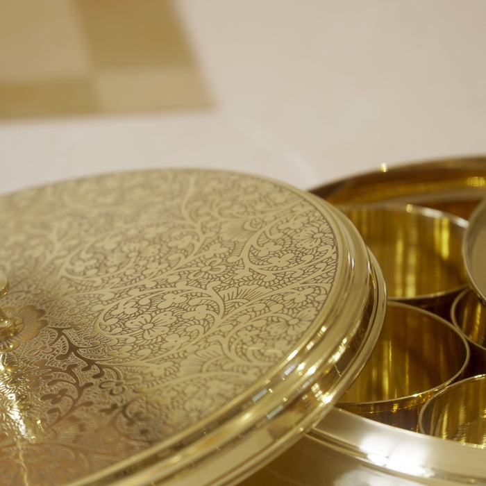 Brass Etched Spice / Masala Box 9inch - Brass Globe