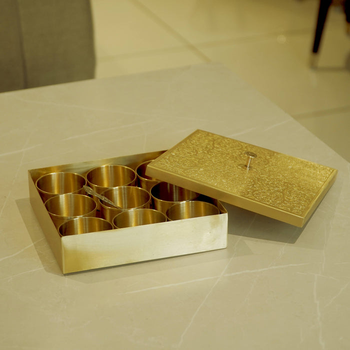 Brass Square Matte Masala Daani/Spice Box - Brass Globe