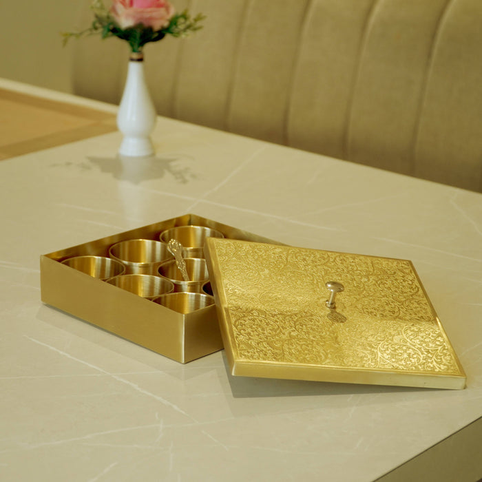 Brass Square Matte Masala Daani/Spice Box - Brass Globe