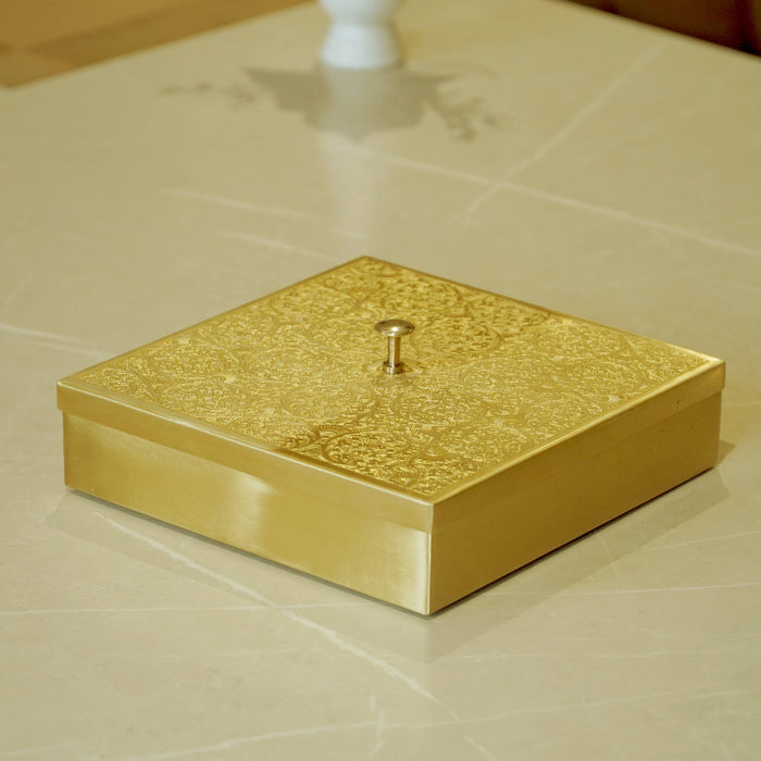 Brass Square Matte Masala Daani/Spice Box - Brass Globe